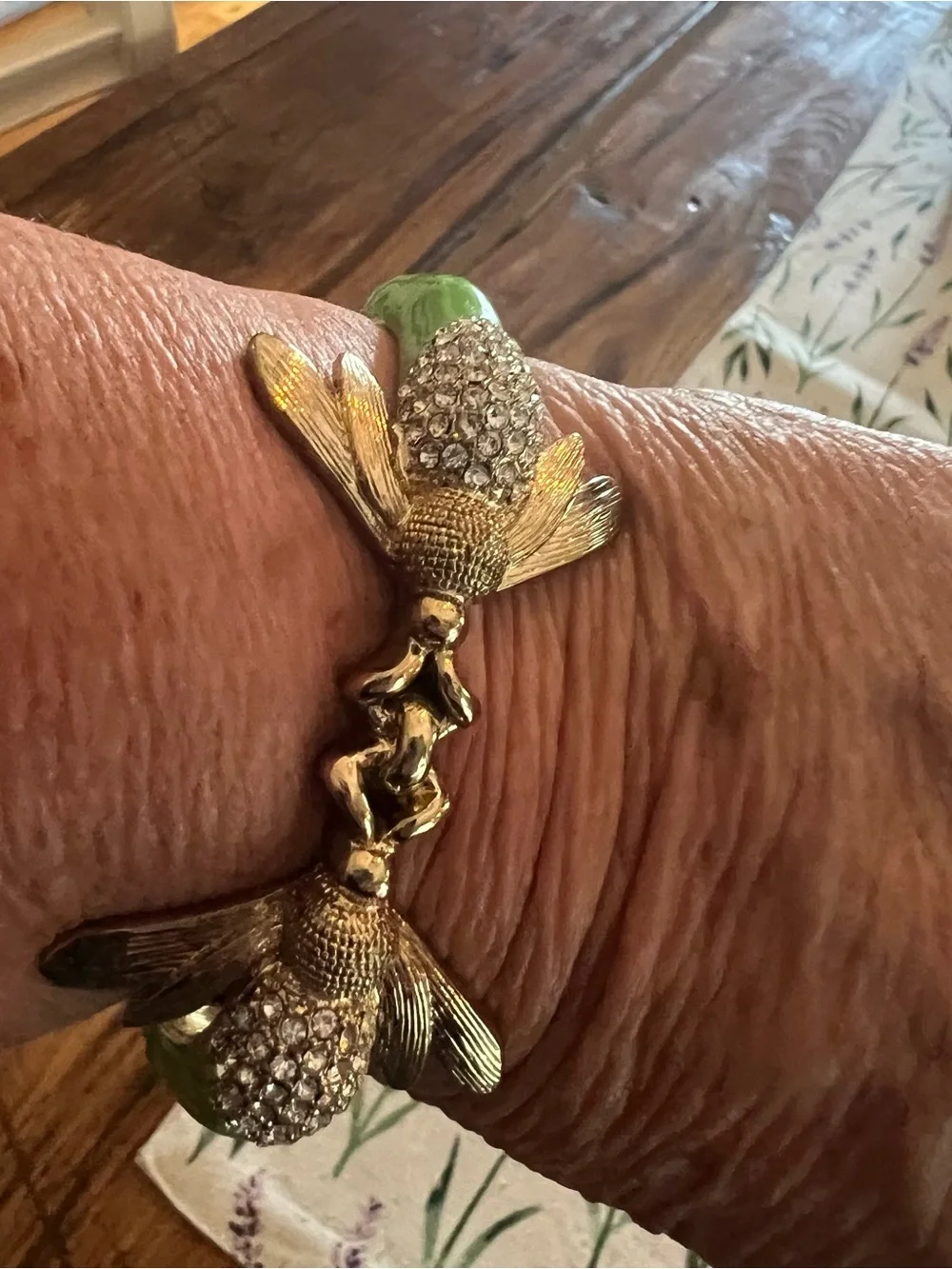 Gold-Tone Hinged Double Bee  Bracelet with Green Enamel and Crystal Accents